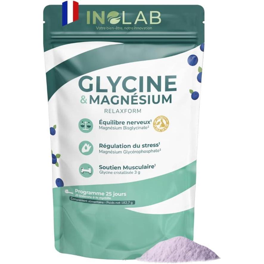 image:imageINOLAB I Relaxation Sommeil AntiStress I Glycine Cristallise 3g Magnsium Bisglycinate Albion TRAACS Givomag I 25 boissons la myrtille