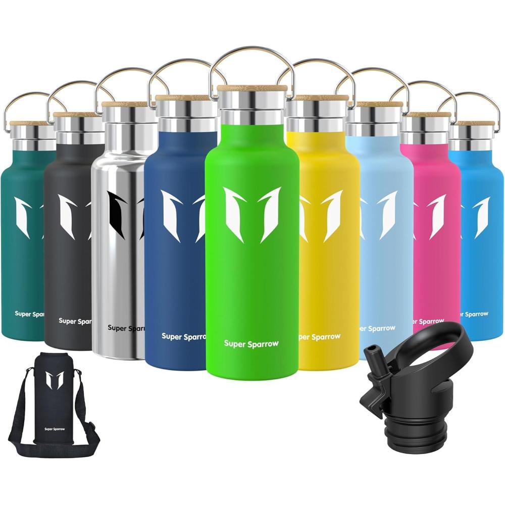 image:imageSuper Sparrow Gourde Isotherme Bouteille Isotherme 350ml500ml 620ml750ml1L tanche Sport Gourde INOX Bouche Standard Gourde Enfant sans BPA Pour Plein Air amp Quotidien Avec 2 BouchonsPomme Verte