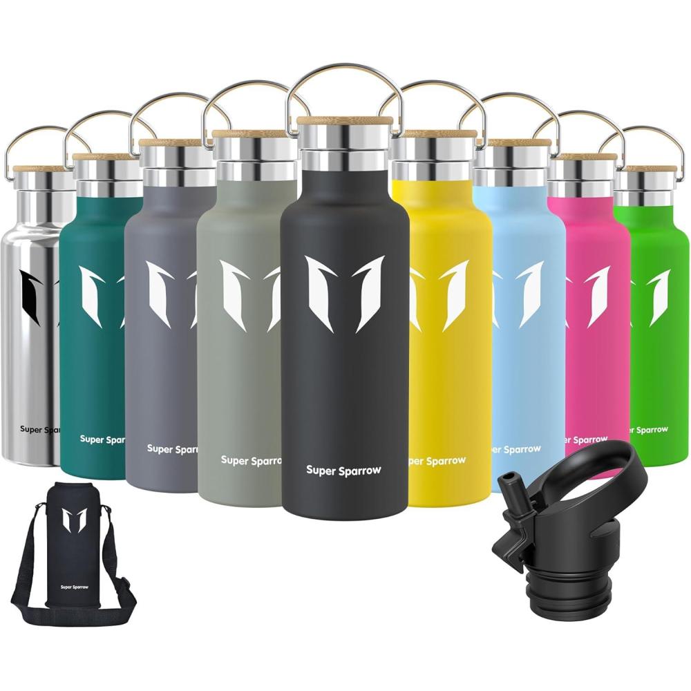 image:imageSuper Sparrow Gourde Isotherme Bouteille Isotherme 350ml500ml 620ml750ml1L tanche Sport Gourde INOX Bouche Standard Gourde Enfant sans BPA Pour Plein Air amp Quotidien Avec 2 BouchonsNoir