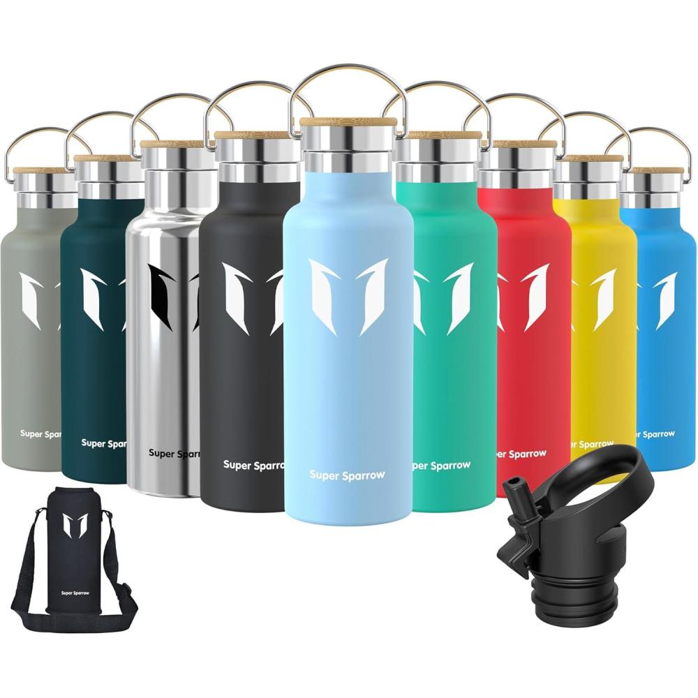 image:imageSuper Sparrow Gourde Isotherme Bouteille Isotherme 350ml500ml 620ml750ml1L tanche Sport Gourde INOX Bouche Standard Gourde Enfant sans BPA Pour Plein Air amp Quotidien Avec 2 BouchonsLe Givre