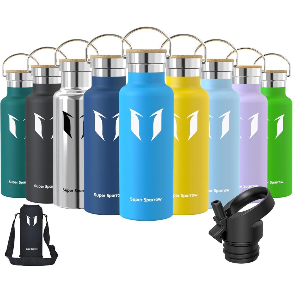 image:imageSuper Sparrow Gourde Isotherme Bouteille Isotherme 350ml500ml 620ml750ml1L tanche Sport Gourde INOX Bouche Standard Gourde Enfant sans BPA Pour Plein Air amp Quotidien Avec 2 BouchonsBleu