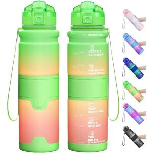 Gourde Enfant sans BPA Tritan Plastique, 500ML/1L Gourde Sport, Bouteille d&rsquo;eau avec Marqueur de Temps et Filtre à Fruits, Gourde Reutilisable Pour L&rsquo;école, Randonnée, Camping, Running(Vert&jaune&orange)