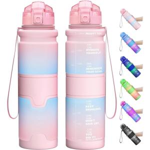 Gourde Enfant sans BPA Tritan Plastique, 500ML/1L Gourde Sport, Bouteille d&rsquo;eau avec Marqueur de Temps et Filtre à Fruits, Gourde Reutilisable Pour L&rsquo;école, Randonnée, Camping, Running(Rose Clair&vert)