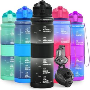 Gourde Enfant sans BPA Tritan Plastique, 500ML/1L Gourde Sport, Bouteille d&rsquo;eau avec Marqueur de Temps et Filtre à Fruits, Gourde Reutilisable Pour L&rsquo;école, Randonnée, Camping, Running(Noir&blanc)