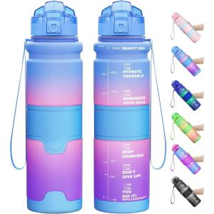 Gourde Enfant sans BPA Tritan Plastique, 500ML/1L Gourde Sport, Bouteille d&rsquo;eau avec Marqueur de Temps et Filtre à Fruits, Gourde Reutilisable Pour L&rsquo;école, Randonnée, Camping, Running(Bleu&rose&violet)