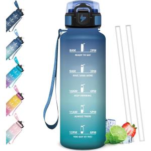 Gourde Paille, Étanches, Bouteille 500ml, Portable, Bouteille d&rsquo;eau Sans BPA, Échelle de Temps, Gourde Graduée pour 1 Journee pour Gym, Ecole, Cyclisme, Plein Air, Sport(Bleu & Vert – 1500ml)