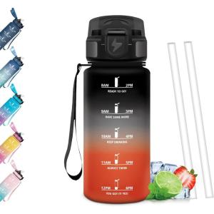 Gourde Paille, Étanches, Bouteille 500ml, Portable, Bouteille d&rsquo;eau Sans BPA, Échelle de Temps, Gourde Graduée pour 1 Journee pour Gym, Ecole, Cyclisme, Plein Air, Sport(Noir & Rouge – 500ml)