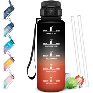 Gourde Paille, Étanches, Bouteille 500ml, Portable, Bouteille d&rsquo;eau Sans BPA, Échelle de Temps, Gourde Graduée pour 1 Journee pour Gym, Ecole, Cyclisme, Plein Air, Sport(Noir & Rouge – 1500ml)