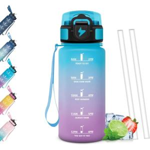Gourde Paille, Étanches, Bouteille 500ml, Portable, Bouteille d&rsquo;eau Sans BPA, Échelle de Temps, Gourde Graduée pour 1 Journee pour Gym, Ecole, Cyclisme, Plein Air, Sport(Bleu & Violet – 500ml)