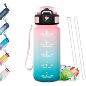 Gourde Paille, Étanches, Bouteille 500ml, Portable, Bouteille d&rsquo;eau Sans BPA, Échelle de Temps, Gourde Graduée pour 1 Journee pour Gym, Ecole, Cyclisme, Plein Air, Sport(Rose & Cyan – 500ml)