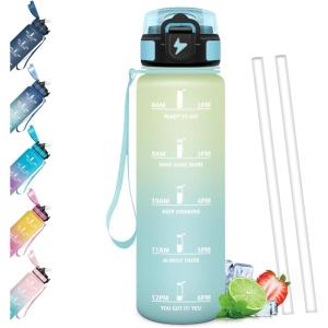 Gourde Paille, Étanches, Bouteille 500ml, Portable, Bouteille d&rsquo;eau Sans BPA, Échelle de Temps, Gourde Graduée pour 1 Journee pour Gym, Ecole, Cyclisme, Plein Air, Sport(Givré & Ciel – 1000ml)