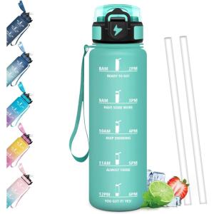 Gourde Paille, Étanches, Bouteille 500ml, Portable, Bouteille d&rsquo;eau Sans BPA, Échelle de Temps, Gourde Graduée pour 1 Journee pour Gym, Ecole, Cyclisme, Plein Air, Sport(Bleu & Vert – 1000ml)