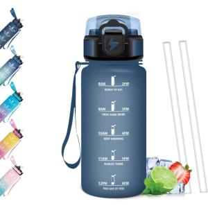 Gourde Paille, Étanches, Bouteille 500ml, Portable, Bouteille d&rsquo;eau Sans BPA, Échelle de Temps, Gourde Graduée pour 1 Journee pour Gym, Ecole, Cyclisme, Plein Air, Sport(Bleu Marine – 500ml)