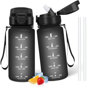 Gourde Paille, Étanches, Bouteille 500ml, Portable, Bouteille d&rsquo;eau Sans BPA, Échelle de Temps, Gourde Graduée pour 1 Journee pour Gym, Ecole, Cyclisme, Plein Air, Sport(Black With Logo – 500ml)
