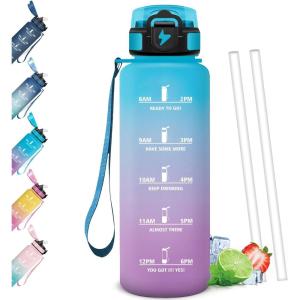 Gourde Paille, Étanches, Bouteille 500ml, Portable, Bouteille d&rsquo;eau Sans BPA, Échelle de Temps, Gourde Graduée pour 1 Journee pour Gym, Ecole, Cyclisme, Plein Air, Sport(Bleu & Violet – 1500ml)