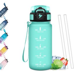 Gourde Paille, Étanches, Bouteille 500ml, Portable, Bouteille d&rsquo;eau Sans BPA, Échelle de Temps, Gourde Graduée pour 1 Journee pour Gym, Ecole, Cyclisme, Plein Air, Sport(Bleu & Vert – 500ml)