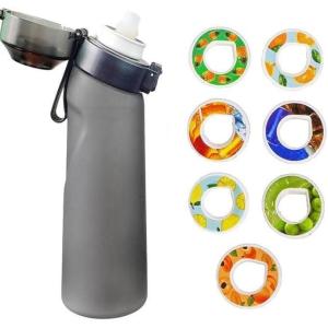 Gourde de sport (650 ml) pour l&rsquo;école, la gym et le fitness – Avec 7 dosettes aromatiques sans sucre et paille – Noire – Avec goût – Convient également pour les enfants (Devenu progressivement violet)(Noir Mat)
