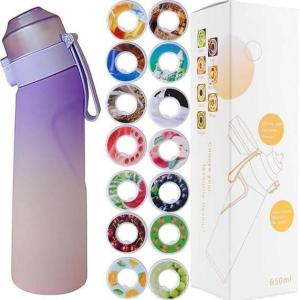 Gourde de sport (650 ml) pour l&rsquo;école, la gym et le fitness – Avec 7 dosettes aromatiques sans sucre et paille – Noire – Avec goût – Convient également pour les enfants (Devenu progressivement violet)(Devenu Progressivement Violet)