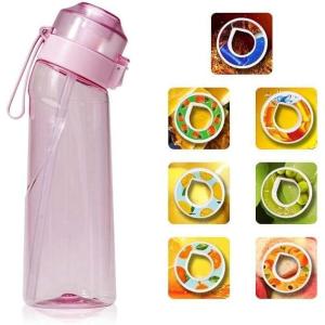 Gourde de sport (650 ml) pour l&rsquo;école, la gym et le fitness – Avec 7 dosettes aromatiques sans sucre et paille – Noire – Avec goût – Convient également pour les enfants (Devenu progressivement violet)(Poudre)