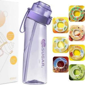 Gourde de sport (650 ml) pour l&rsquo;école, la gym et le fitness – Avec 7 dosettes aromatiques sans sucre et paille – Noire – Avec goût – Convient également pour les enfants (Devenu progressivement violet)(Violet)