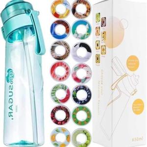 Gourde de sport (650 ml) pour l&rsquo;école, la gym et le fitness – Avec 7 dosettes aromatiques sans sucre et paille – Noire – Avec goût – Convient également pour les enfants (Devenu progressivement violet)(Bleu)