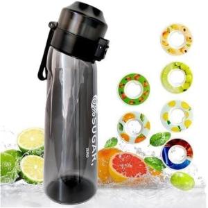 Gourde de sport (650 ml) pour l&rsquo;école, la gym et le fitness – Avec 7 dosettes aromatiques sans sucre et paille – Noire – Avec goût – Convient également pour les enfants (Devenu progressivement violet)(Noir)