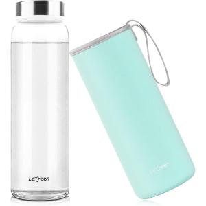 Gourde en Verre 1 Litre, 1L avec Housse en Néoprène, sans BPA, étanche et Réutilisable, Bouteille en Verre 1 Litre pour Maison, Voyages, Sport, Yoga, Gym, Boissons Chaudes Froides(Vert Pois)