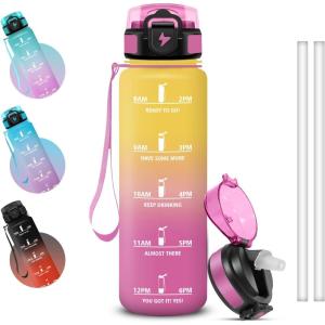 Grsta Gourde 1l, Anti Fuite Gourde Sport avec Marqueur de Temps, Gourdes avec Paille, Verrou de Sécurité, Bouteille d&rsquo;eau Motivationnelle pour Cyclisme, Voyages, Yoga(Jaune-rose)