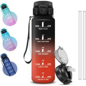 Grsta Gourde 1l, Anti Fuite Gourde Sport avec Marqueur de Temps, Gourdes avec Paille, Verrou de Sécurité, Bouteille d&rsquo;eau Motivationnelle pour Cyclisme, Voyages, Yoga(Noir-rouge)
