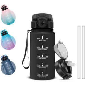 Grsta Gourde 1l, Anti Fuite Gourde Sport avec Marqueur de Temps, Gourdes avec Paille, Verrou de Sécurité, Bouteille d&rsquo;eau Motivationnelle pour Cyclisme, Voyages, Yoga(Noir)