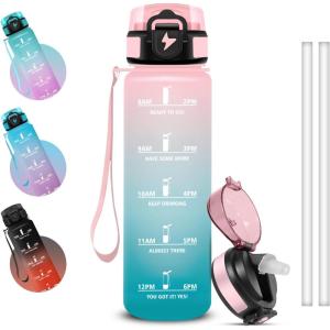 Grsta Gourde 1l, Anti Fuite Gourde Sport avec Marqueur de Temps, Gourdes avec Paille, Verrou de Sécurité, Bouteille d&rsquo;eau Motivationnelle pour Cyclisme, Voyages, Yoga(Rose-vert)