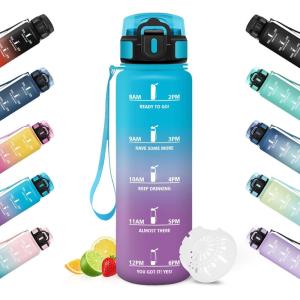HoneyHolly Gourde Sport, Conception Étanche Gourde 500ml, Avec échelle de Temps, Bouteille, Réutilisable, Légère, Gourde Graduée pour La Course à Pied, Le Vélo, Le Travail, L&rsquo;école(Bleu Violet – 1000ml)