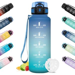 HoneyHolly Gourde Sport, Conception Étanche Gourde 500ml, Avec échelle de Temps, Bouteille, Réutilisable, Légère, Gourde Graduée pour La Course à Pied, Le Vélo, Le Travail, L&rsquo;école(Bleu Vert – 1500ml)