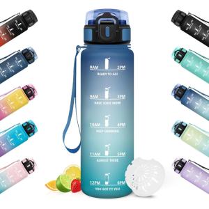 HoneyHolly Gourde Sport, Conception Étanche Gourde 500ml, Avec échelle de Temps, Bouteille, Réutilisable, Légère, Gourde Graduée pour La Course à Pied, Le Vélo, Le Travail, L&rsquo;école(Bleu & Vert – 1000ml)