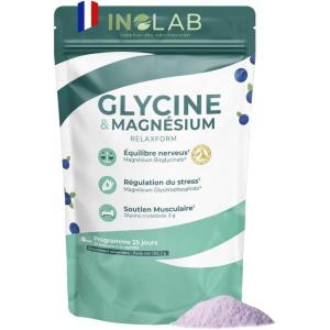 INOLAB I Relaxation Sommeil Anti Stress I Glycine Cristallisée 3g + Magnésium Bisglycinate Albion TRAACS® +Givomag™ I 25 boissons à la myrtille