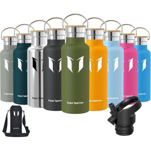 Super Sparrow Gourde Isotherme – Bouteille Isotherme – 350ml/500ml/ 620ml/750ml/1L – Étanche Sport Gourde INOX Bouche Standard – Gourde Enfant sans BPA- Pour Plein Air & Quotidien – Avec 2 Bouchons(Armée Verte)