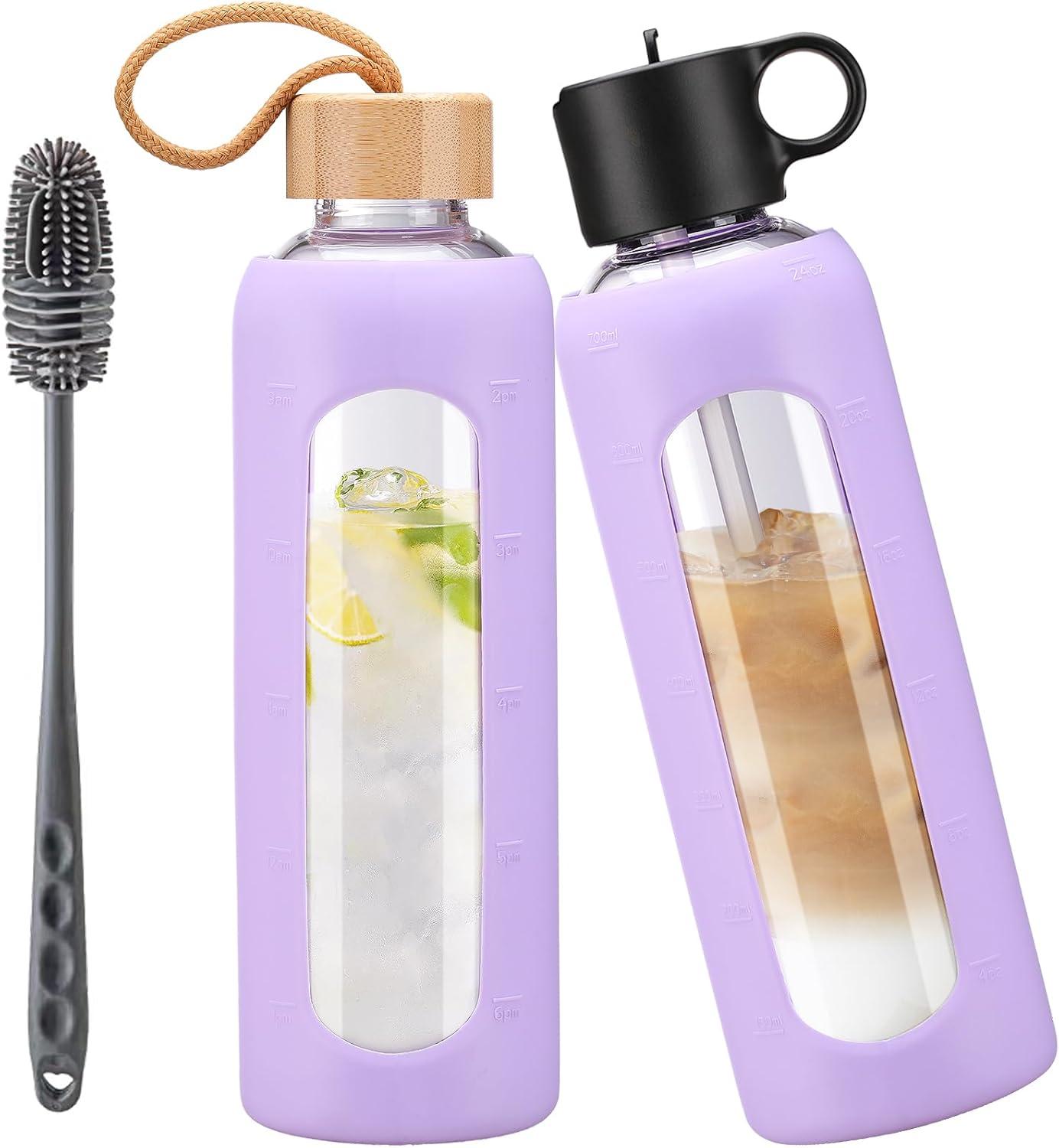 image:image750ml Gourde en Verre Avec Paille et 2 Couvercle Bouteille deau Motivation Gradue Pour 1 Journee Avec Marqueur de Temps Housse en Silicone Sport Gourde ReutilisableBleuViolet