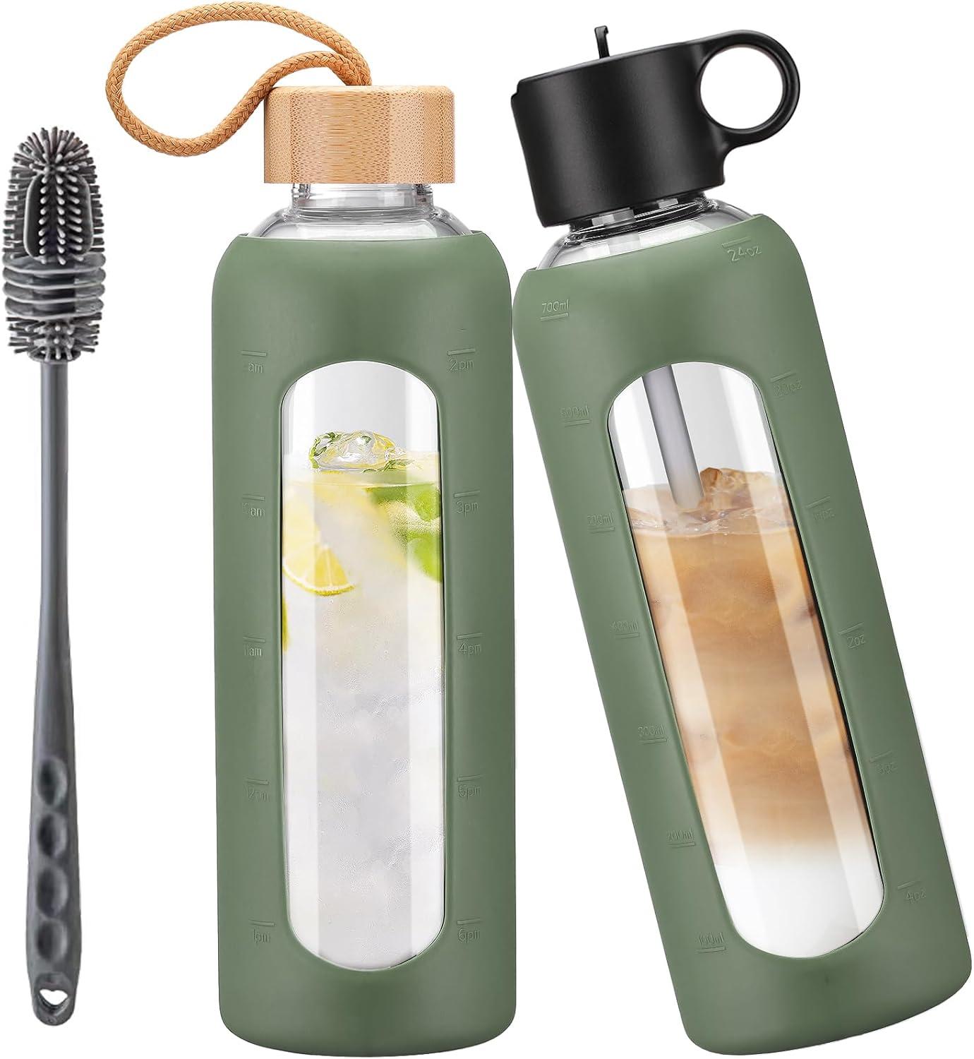 image:image750ml Gourde en Verre Avec Paille et 2 Couvercle Bouteille deau Motivation Gradue Pour 1 Journee Avec Marqueur de Temps Housse en Silicone Sport Gourde ReutilisableBleuOlivier