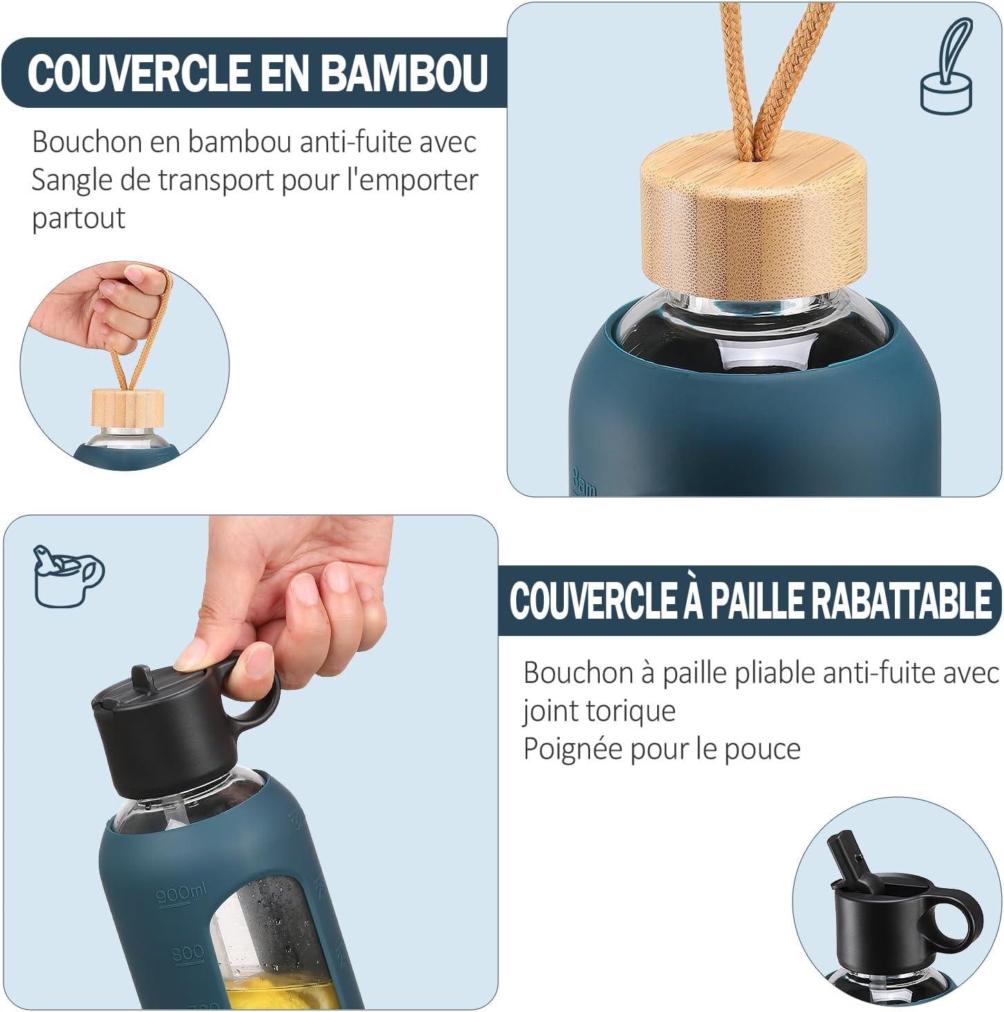 image:image750ml Gourde en Verre Avec Paille et 2 Couvercle Bouteille deau Motivation Gradue Pour 1 Journee Avec Marqueur de Temps Housse en Silicone Sport Gourde ReutilisableBleuBleu