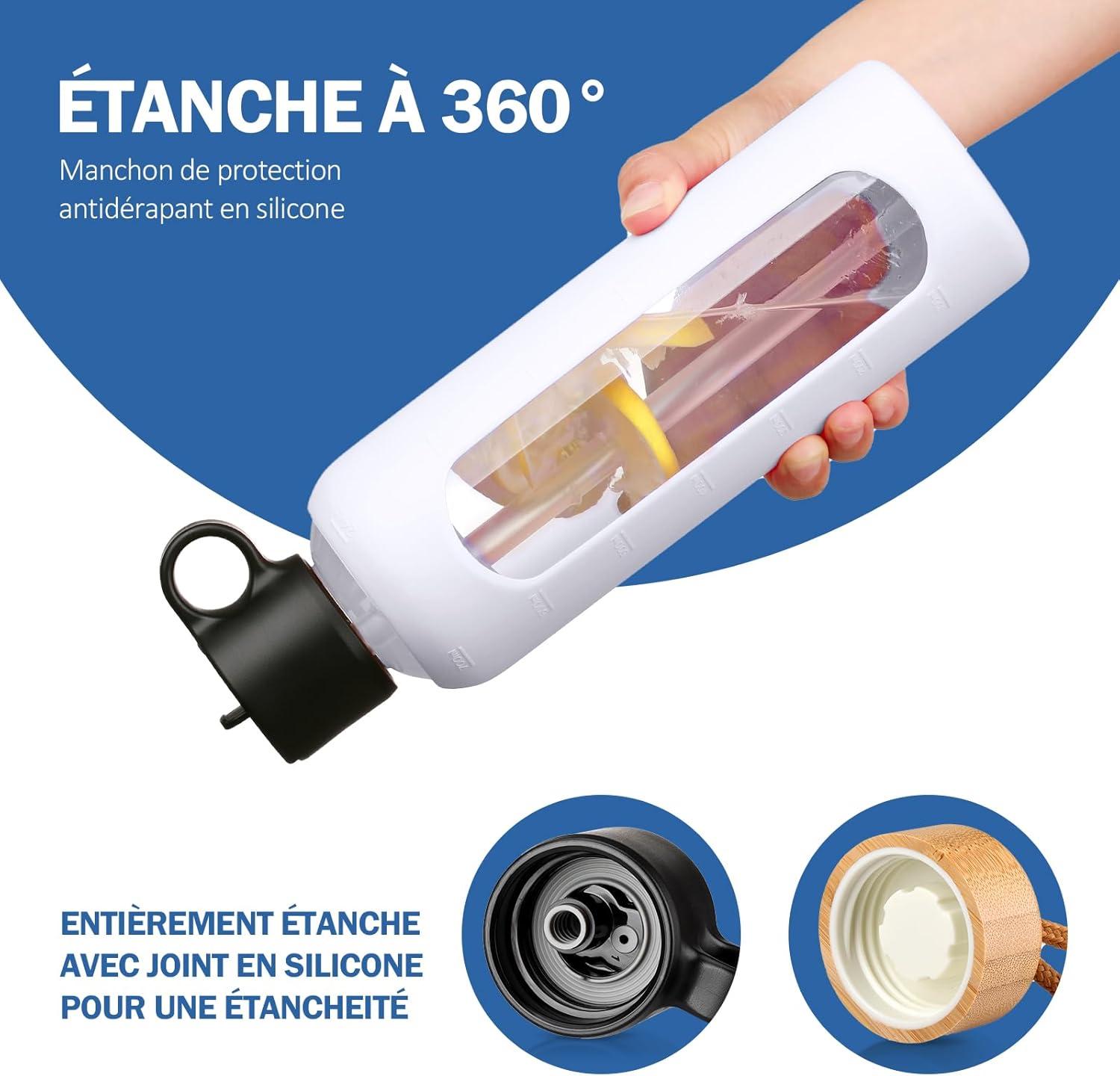 image:image750ml Gourde en Verre Avec Paille et 2 Couvercle Bouteille deau Motivation Gradue Pour 1 Journee Avec Marqueur de Temps Housse en Silicone Sport Gourde ReutilisableBleuBlanc