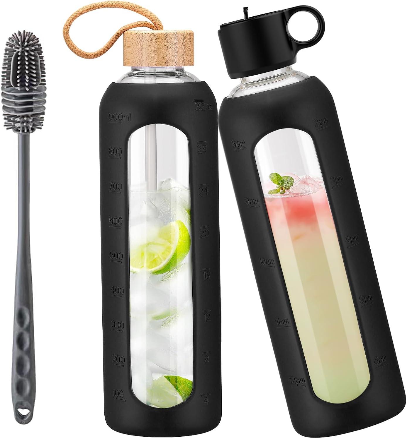 image:image750ml Gourde en Verre Avec Paille et 2 Couvercle Bouteille deau Motivation Gradue Pour 1 Journee Avec Marqueur de Temps Housse en Silicone Sport Gourde ReutilisableBleuNoir
