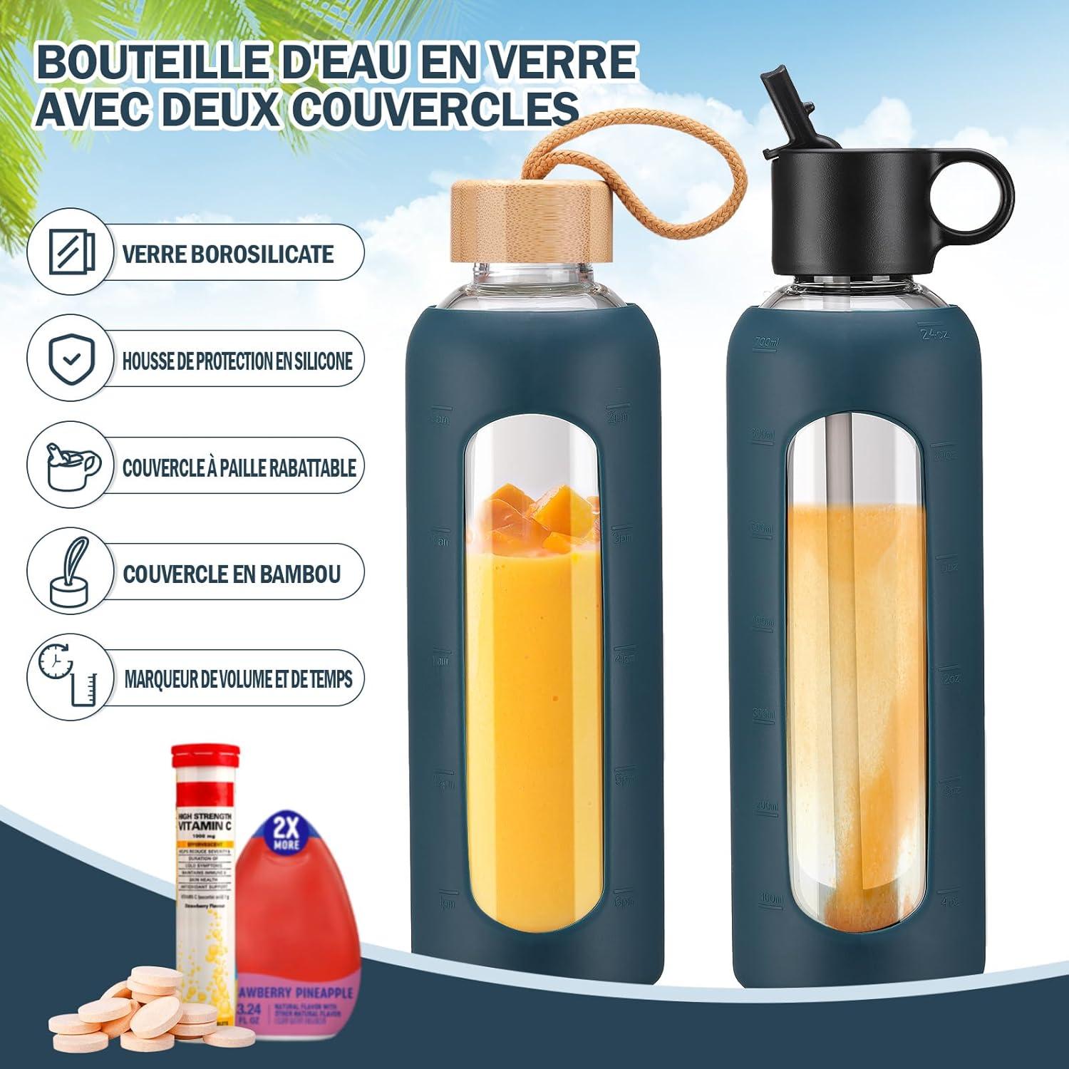image:image750ml Gourde en Verre Avec Paille et 2 Couvercle Bouteille deau Motivation Gradue Pour 1 Journee Avec Marqueur de Temps Housse en Silicone Sport Gourde ReutilisableBleuBleu