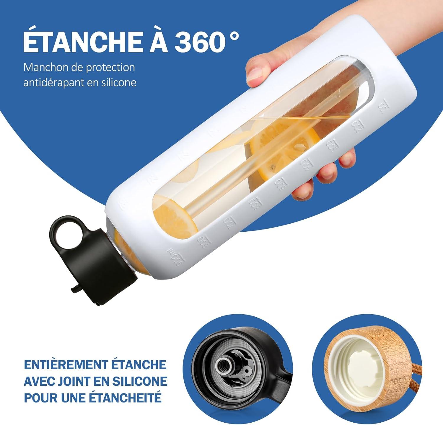 image:image750ml Gourde en Verre Avec Paille et 2 Couvercle Bouteille deau Motivation Gradue Pour 1 Journee Avec Marqueur de Temps Housse en Silicone Sport Gourde ReutilisableBleuBlanc