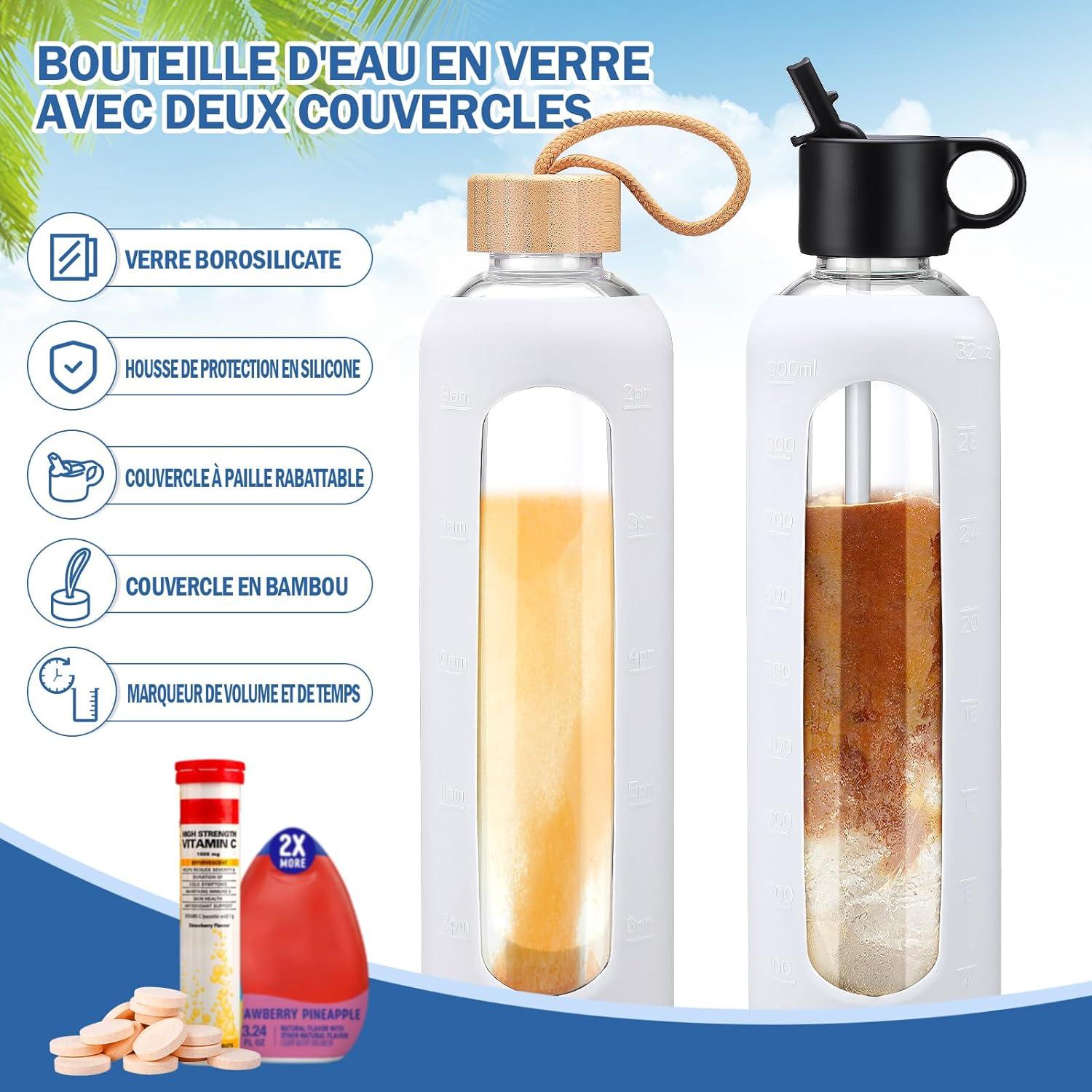 image:image750ml Gourde en Verre Avec Paille et 2 Couvercle Bouteille deau Motivation Gradue Pour 1 Journee Avec Marqueur de Temps Housse en Silicone Sport Gourde ReutilisableBleuBlanc