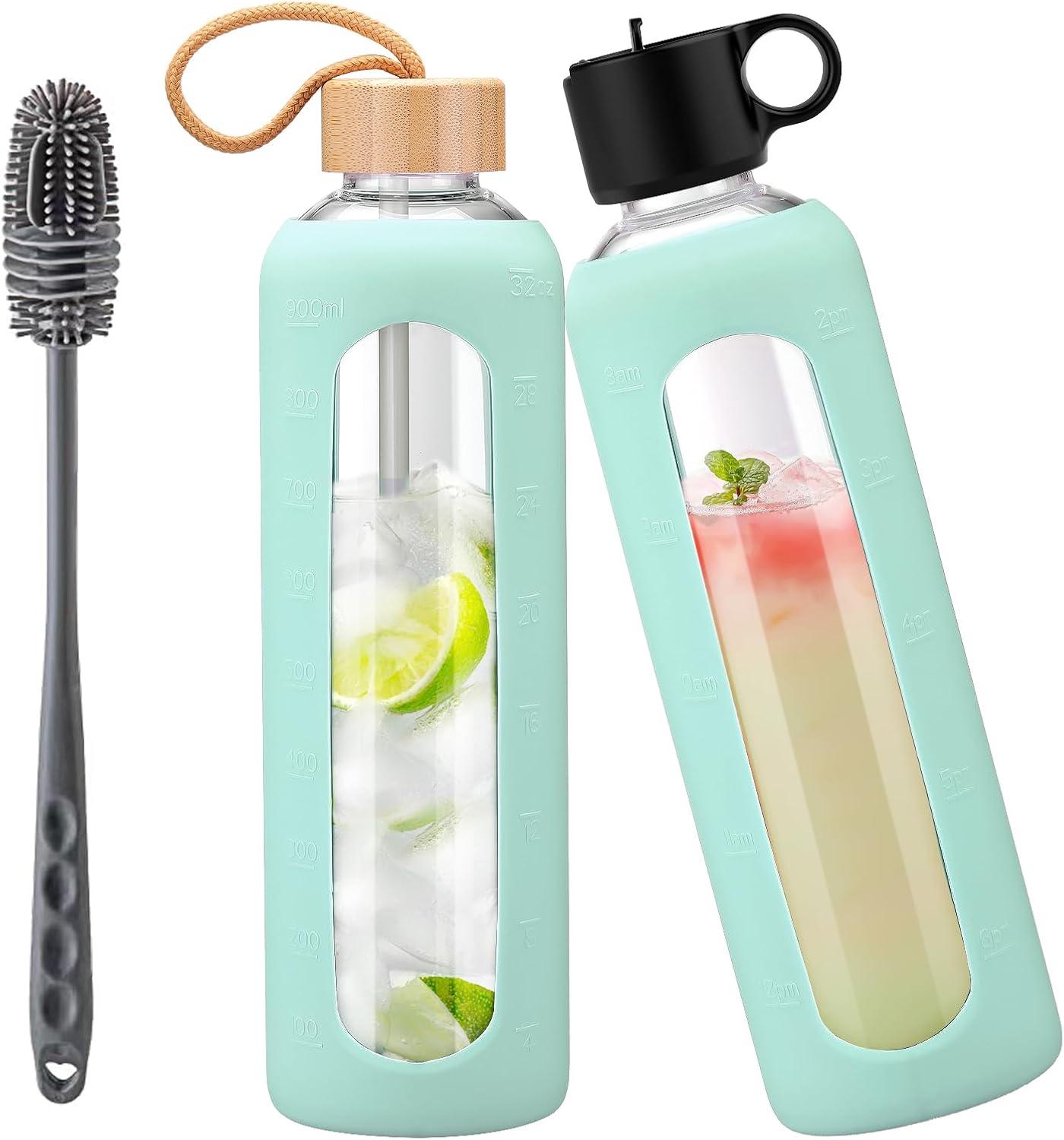 image:image750ml Gourde en Verre Avec Paille et 2 Couvercle Bouteille deau Motivation Gradue Pour 1 Journee Avec Marqueur de Temps Housse en Silicone Sport Gourde ReutilisableBleuVert Menthe