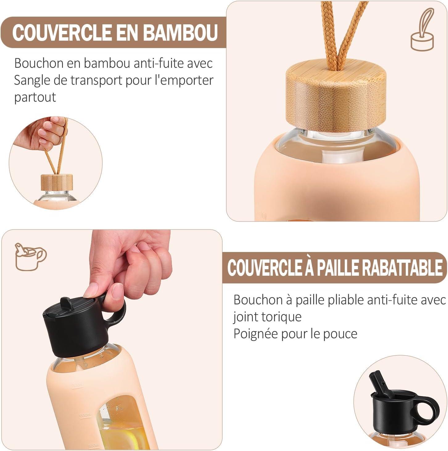 image:image750ml Gourde en Verre Avec Paille et 2 Couvercle Bouteille deau Motivation Gradue Pour 1 Journee Avec Marqueur de Temps Housse en Silicone Sport Gourde ReutilisableBleuAmbre