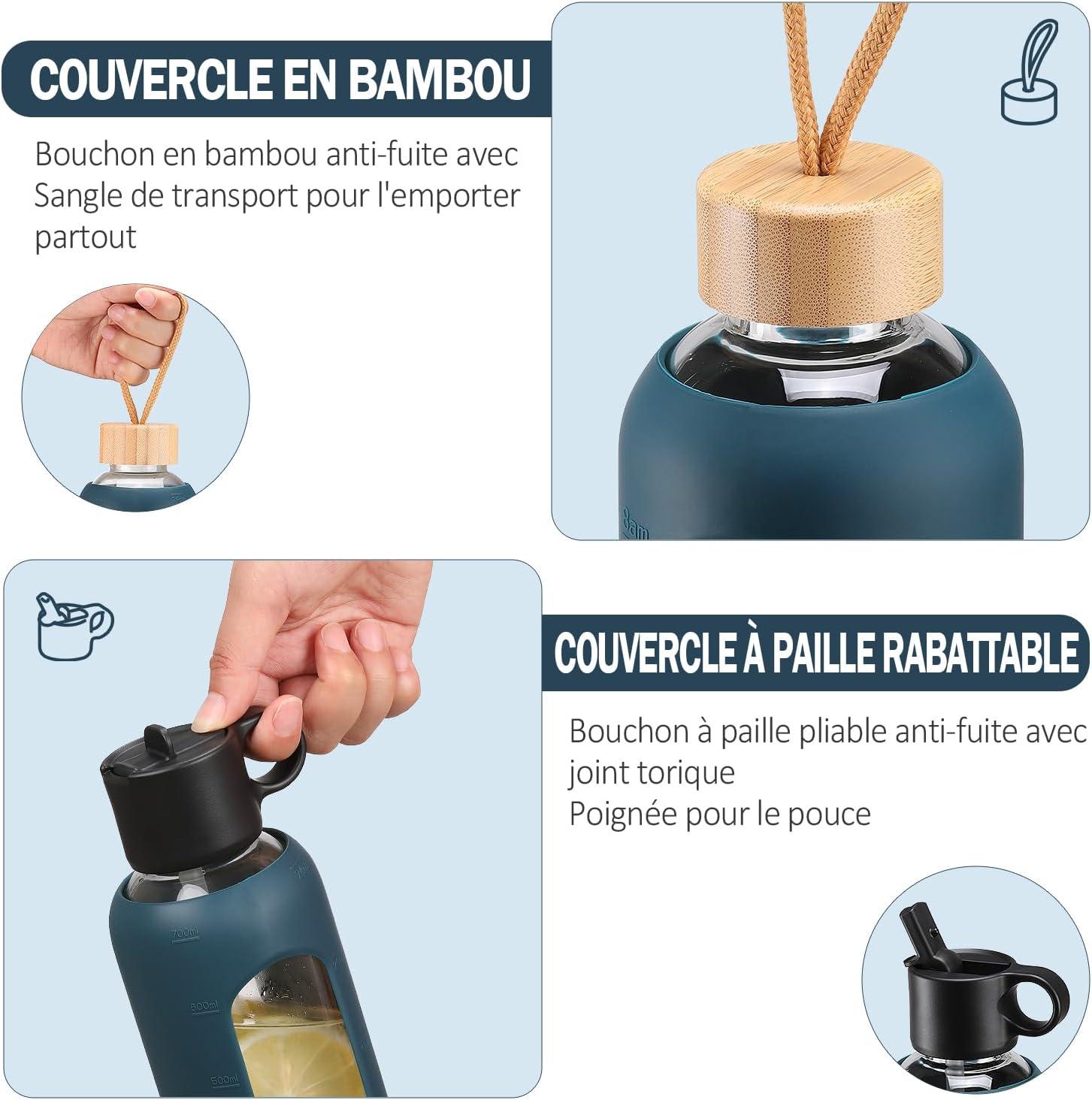 image:image750ml Gourde en Verre Avec Paille et 2 Couvercle Bouteille deau Motivation Gradue Pour 1 Journee Avec Marqueur de Temps Housse en Silicone Sport Gourde ReutilisableBleuBleu