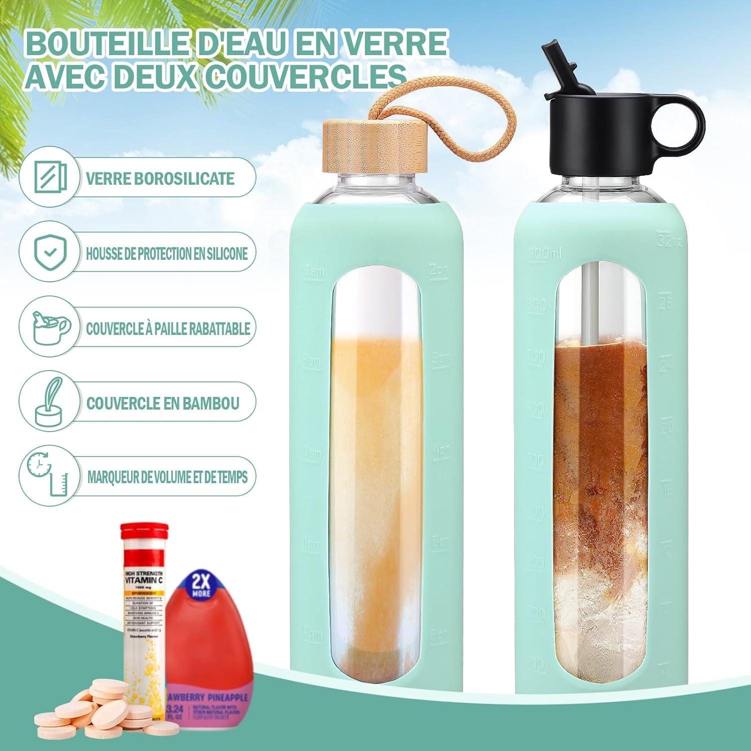 image:image750ml Gourde en Verre Avec Paille et 2 Couvercle Bouteille deau Motivation Gradue Pour 1 Journee Avec Marqueur de Temps Housse en Silicone Sport Gourde ReutilisableBleuVert Menthe