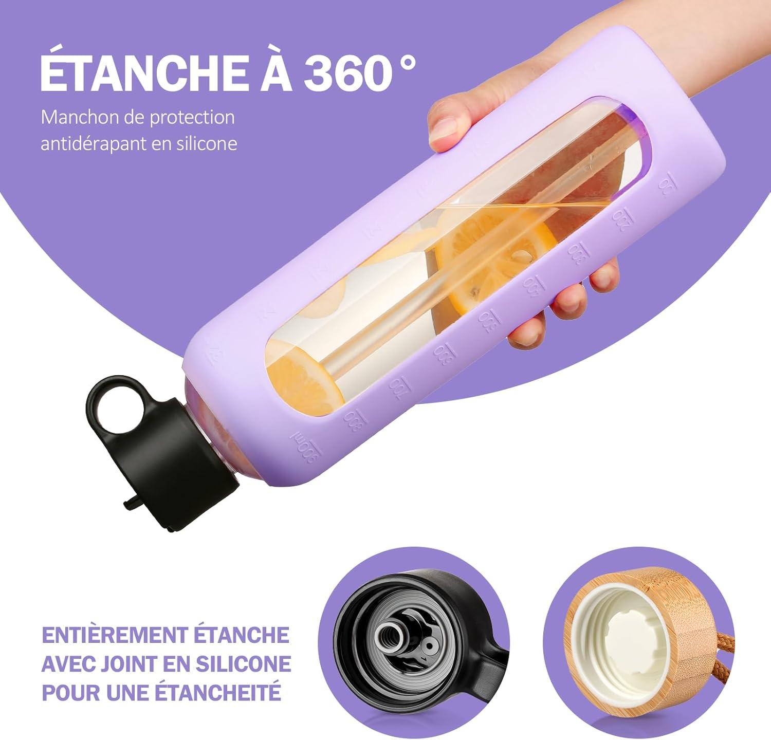image:image750ml Gourde en Verre Avec Paille et 2 Couvercle Bouteille deau Motivation Gradue Pour 1 Journee Avec Marqueur de Temps Housse en Silicone Sport Gourde ReutilisableBleuViolet