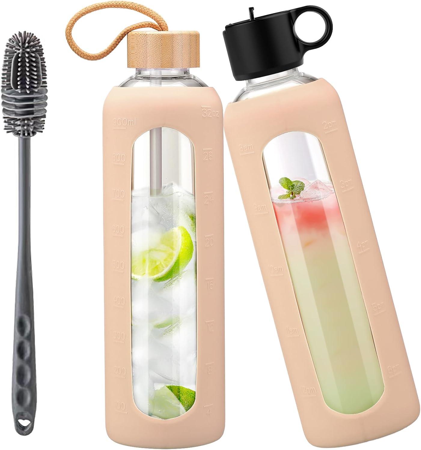 image:image750ml Gourde en Verre Avec Paille et 2 Couvercle Bouteille deau Motivation Gradue Pour 1 Journee Avec Marqueur de Temps Housse en Silicone Sport Gourde ReutilisableBleuAmbre